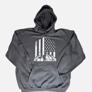 New Port & Company Gray Men XL Graphic Hoodie Pullover American Flag Mountain